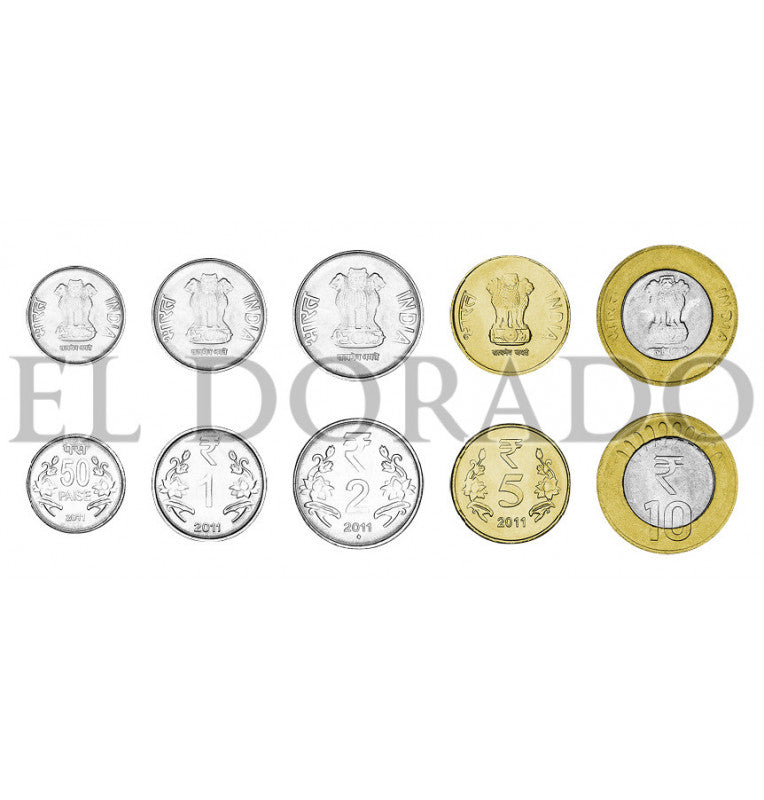 India 50 Paise, 1, 2, 5, 10 Rupias 2011 KM 398, 394, 395, 399, 400